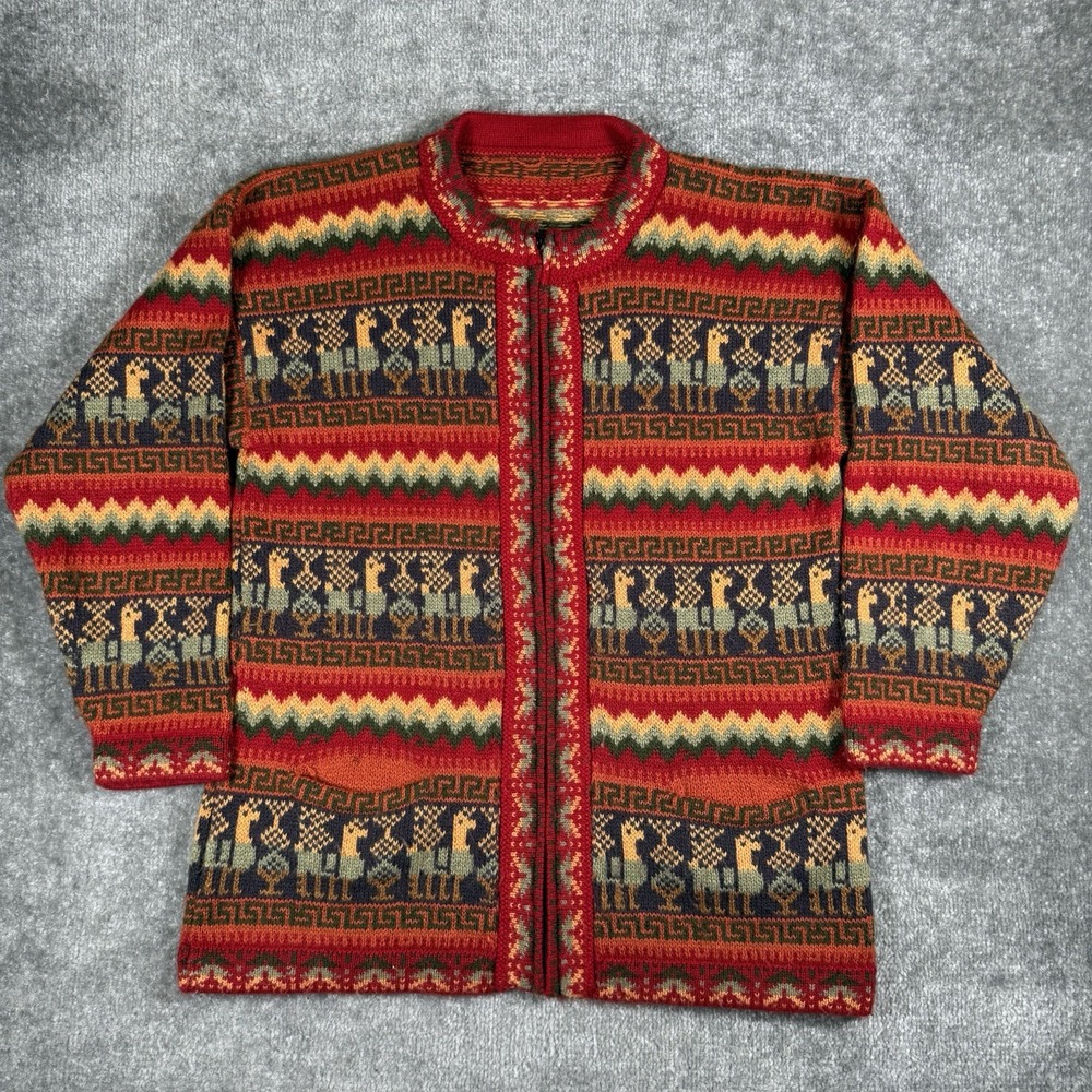 Vintage Alpaca Wool Cardigan Women's Large Red Llama Full Zip Boho Aztec